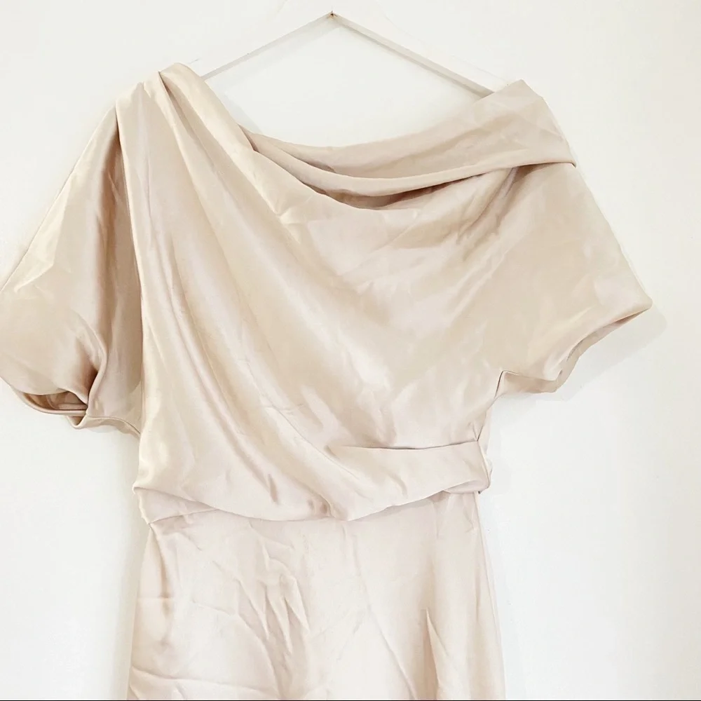 Amsale One Shoulder Satin Dress in champagne - Picture 12 of 13